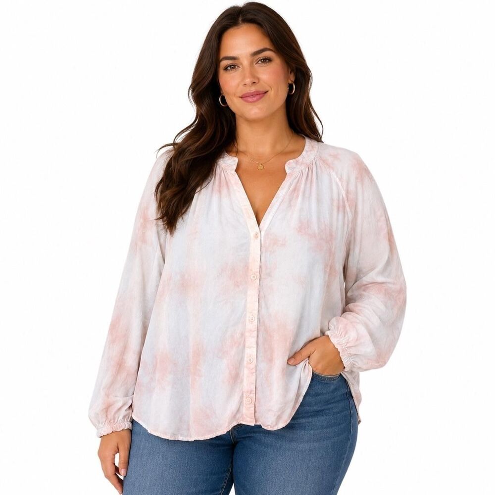 Cloth & Stone Blouse Womens XL Pink V Neck Button Front Long Sleeve Relaxed Top